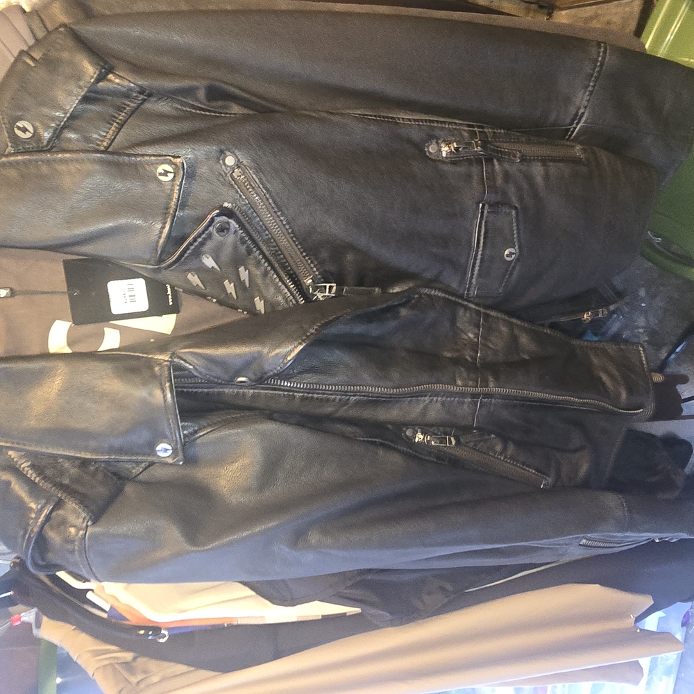 Zara Black Faux Leather Moto Jacket with Zip Details